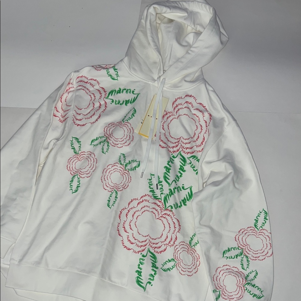 Marni White Vented Hoodie with Red and Green Graphics $850 Sz 42